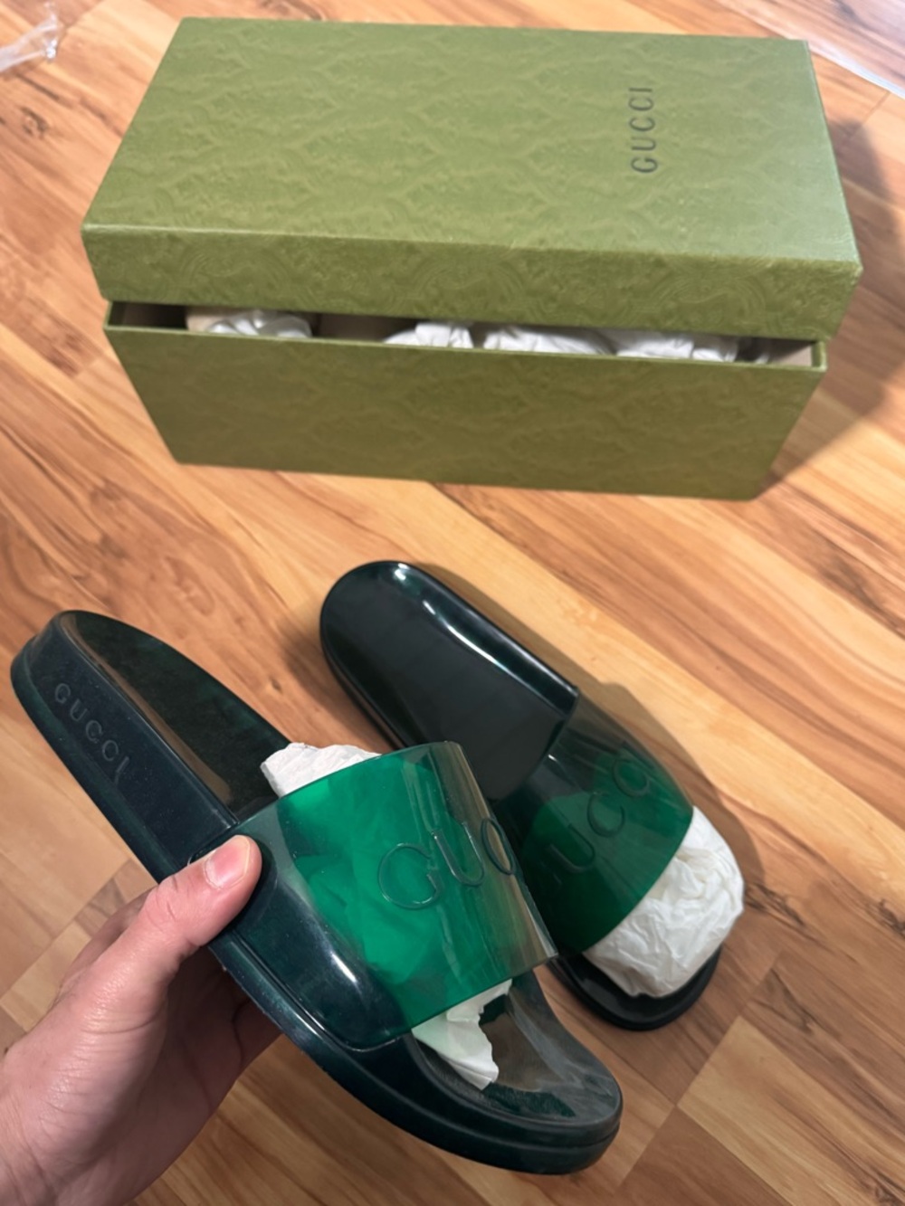 Gucci Dark Green Transparent Strap Logo Slides used size 10